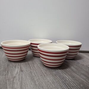 Crate&Barrel Red and White Striped Ceramic Snack Ice Scream Bowls Set of 4